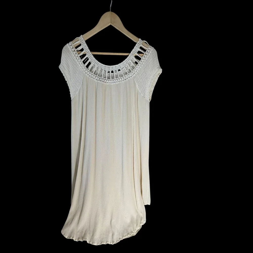 Free People Sundancer‎ Crochet Yoke Crinkle Mini Dress Cream Boho Tunic Large